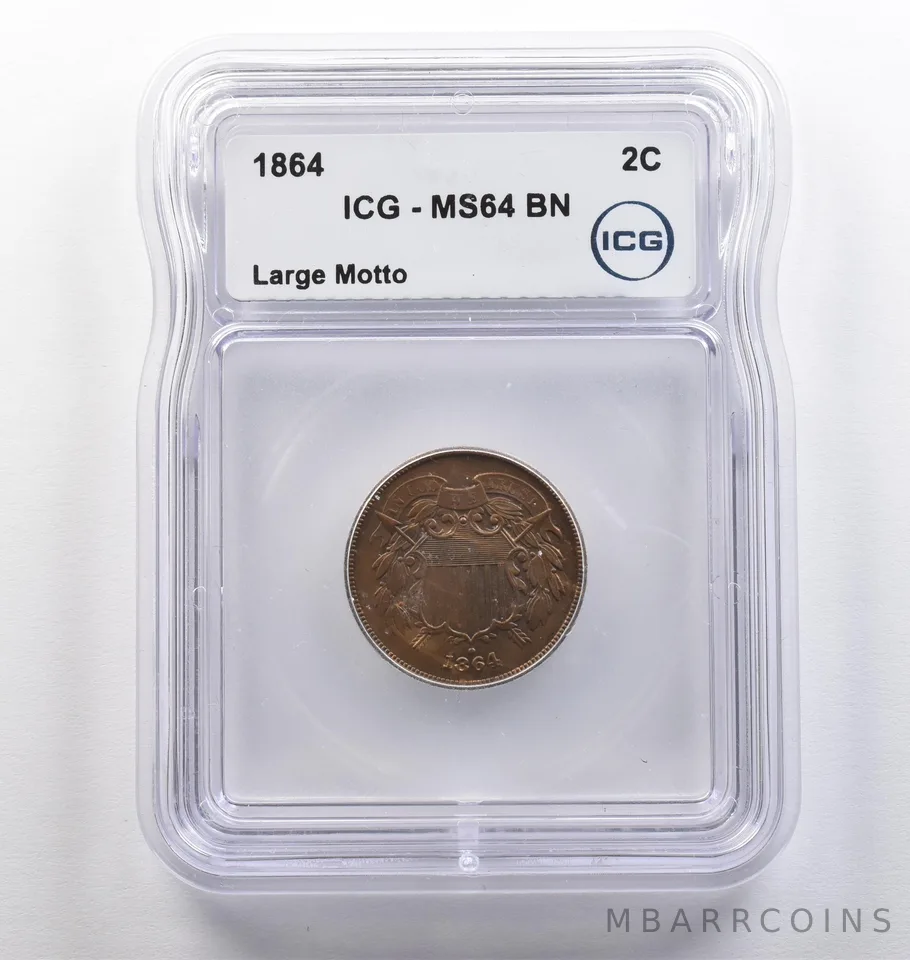 1864 Shield Two Cents Large Motto MS64 BN ICG *4087