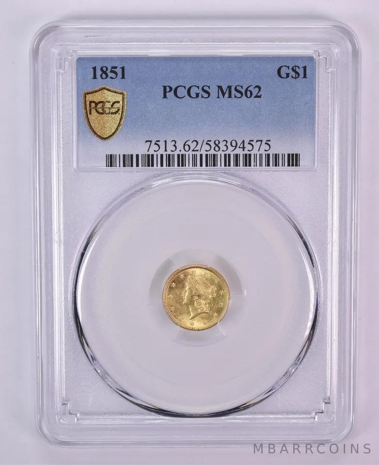 1851 $1 Liberty Head Gold Dollar MS62 PCGS Blue Label