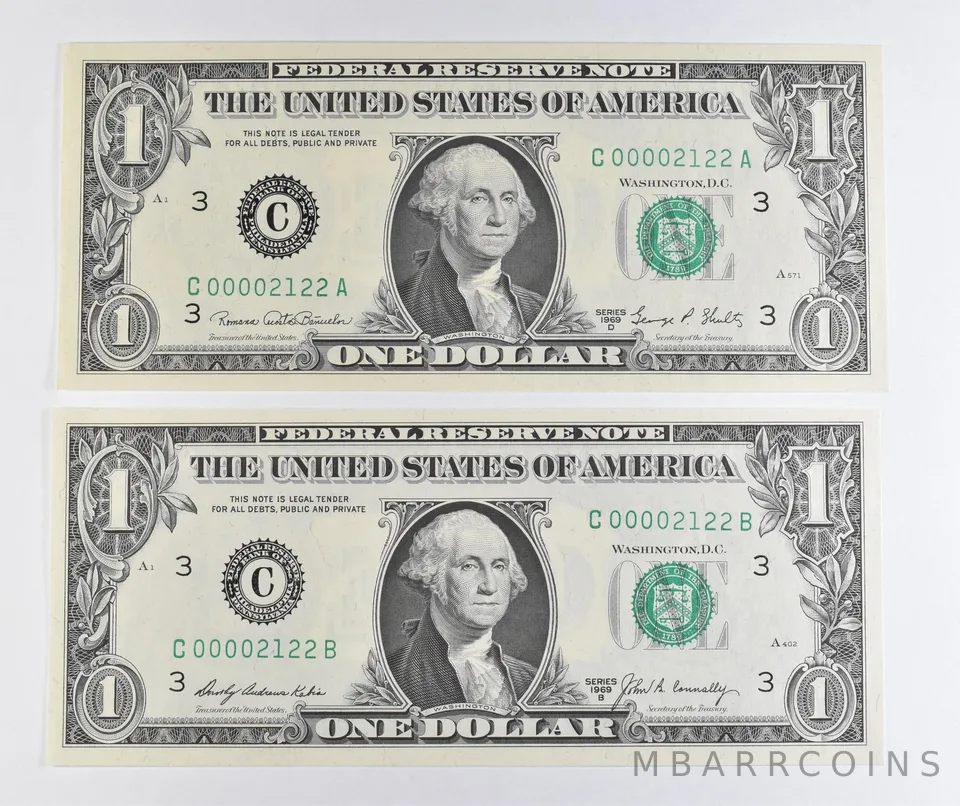 Lot (2) Matching Serial Numbers 1969 D/1969 B $1 Philadelphia PA FRN *1731