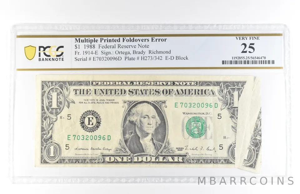 1988 $1 25 Richmond VA FRN Multiple Print Foldovers Error Fr#1914-E PCGS *5828