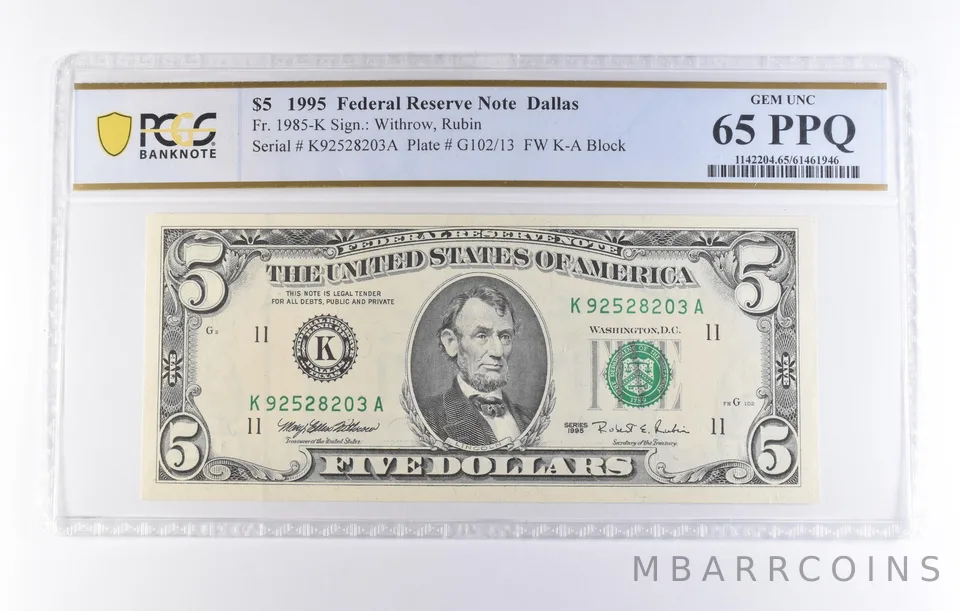 1995 $5 Dallas TX FRN Fr#1985-K Gem Unc 65 PPQ PCGS *8216