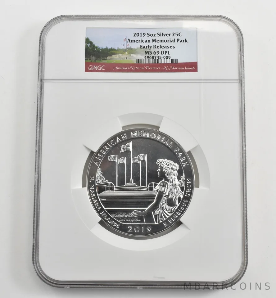2019 5 Oz Silver Quarter ATB American Memorial Park ER MS69 DPL NGC *1603
