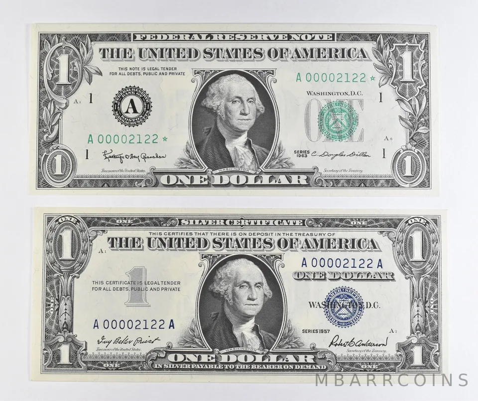 Lot (2) Matching Serial Numbers 1957 $1 Silver Certificate/1963 $1 MA FRN *1722