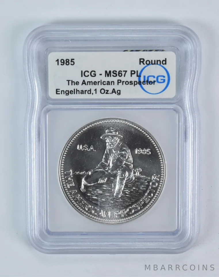 1985 Engelhard Prospector 1 Oz Silver Round MS67 PL ICG