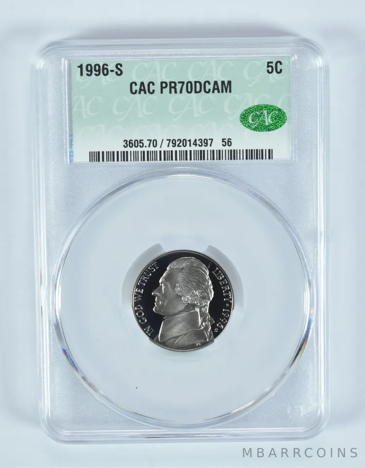 1996-S Jefferson Nickel PR70 DCAM CAC CACg