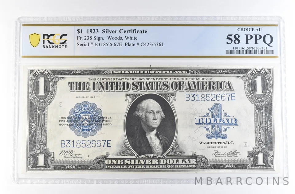1923 $1 Silver Certificate Large Note Fr#238 Choice AU 58 PPQ PCGS *2345