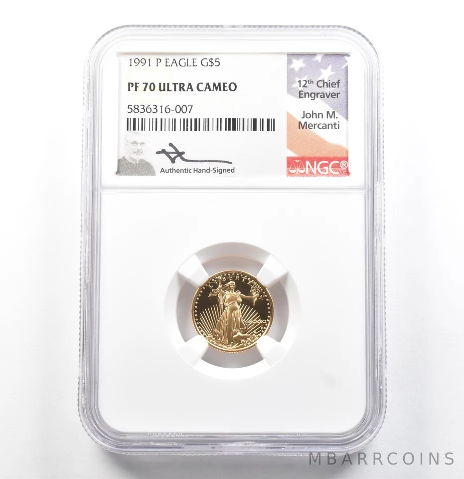 1991-P $5 American Gold Eagle Mercanti 1/10 Oz PF70 UCAM NGC a0086