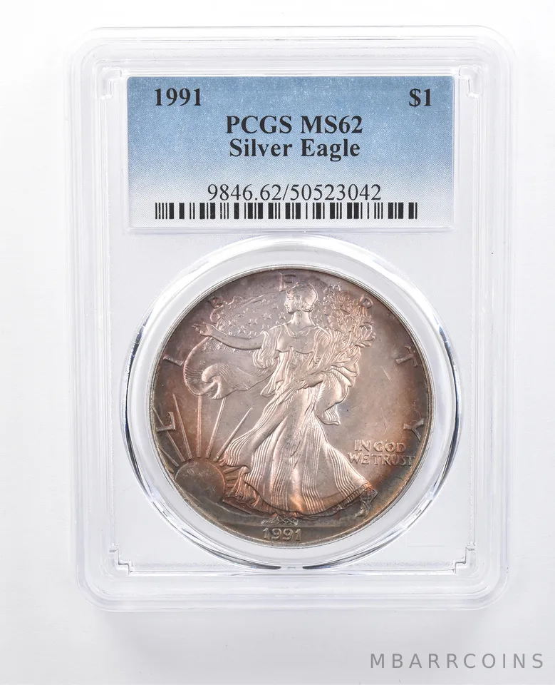 1991 American Silver Eagle MS62 PCGS Red/Blue Tone *8182