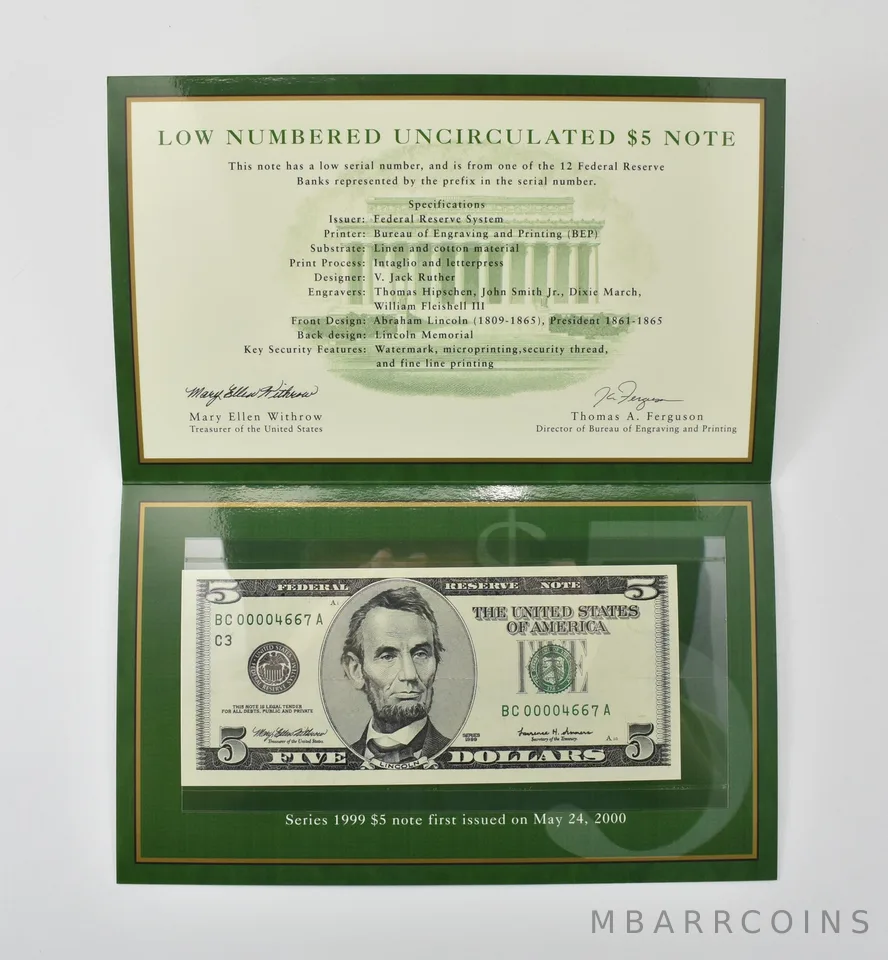 1999 $5 FRN C Bank Low Serial Number BEP a0386