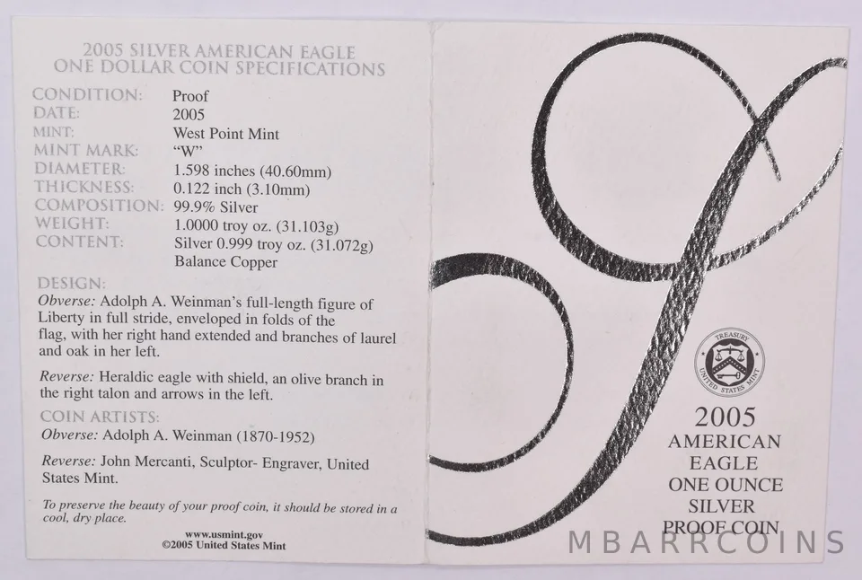 COA 2005-W American Silver Eagle Proof