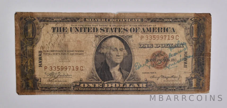 1935-A $1 US Silver Certificate Hawaii Overprint WWII Short Snorter a5376
