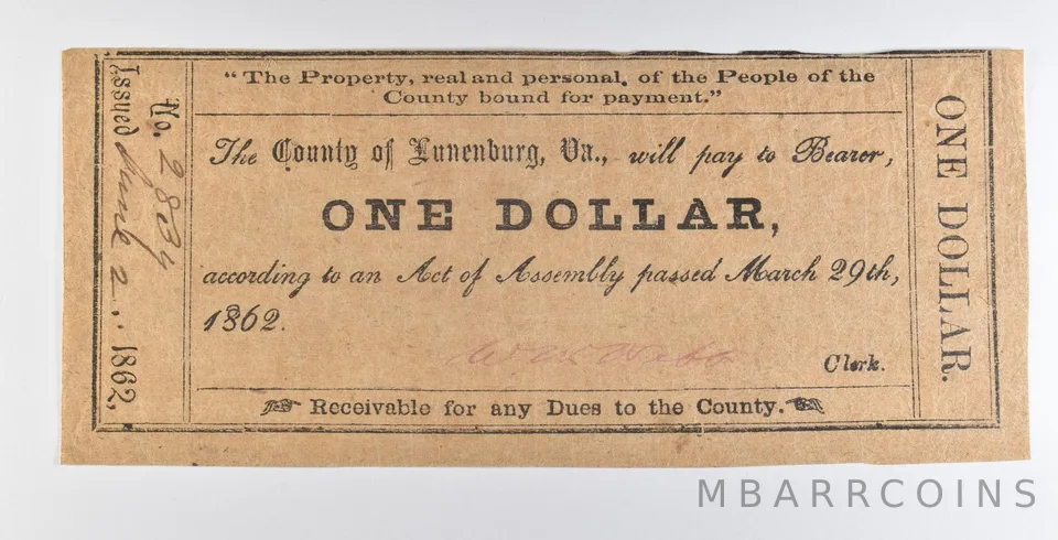 1862 $1 Lunenburg VA Obsolete Note *8917