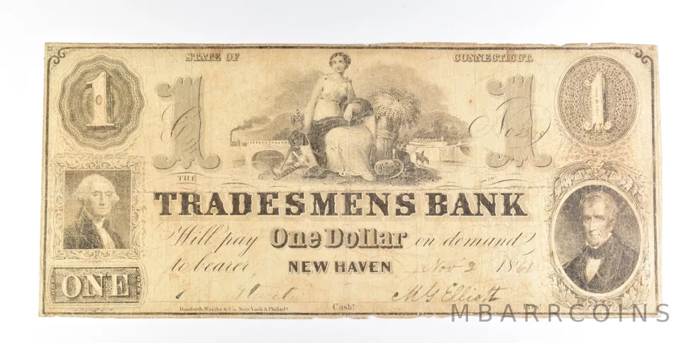 1861 $1 New Haven CT Tradesmens Bank Obsolete Note *0245