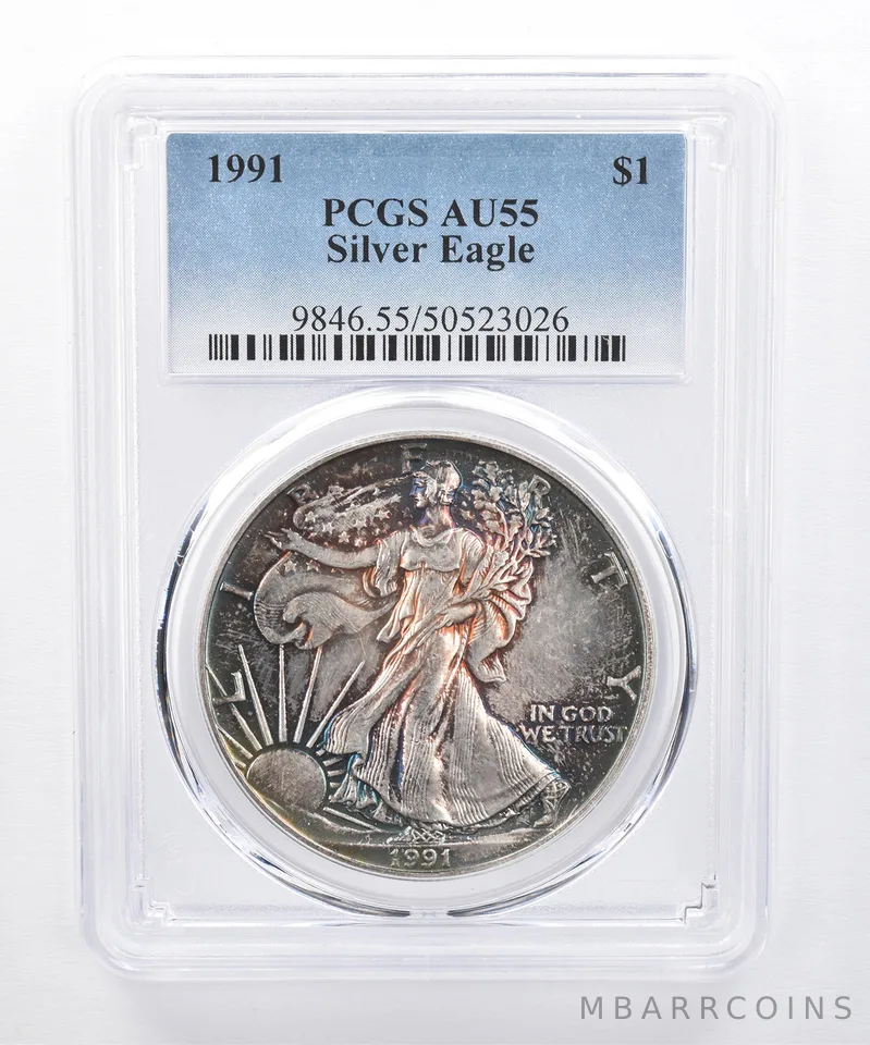 1991 American Silver Eagle AU55 PCGS Green/Blue Tone *8503