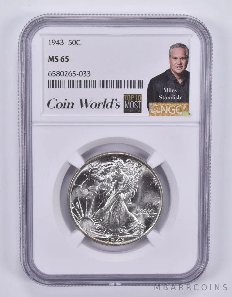 1943 Walking Liberty Half Dollar 50c MS65 NGC Miles Standish Label