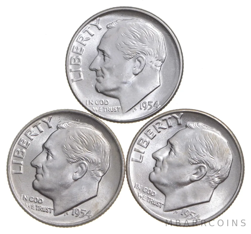 Choice Unc 1954 P+D+S Roosevelt Dime Gem BU Collection Lot Set
