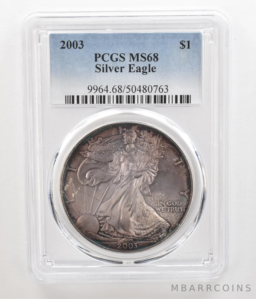 2003 American Silver Eagle MS68 PCGS Blue/Purple Tone *5510