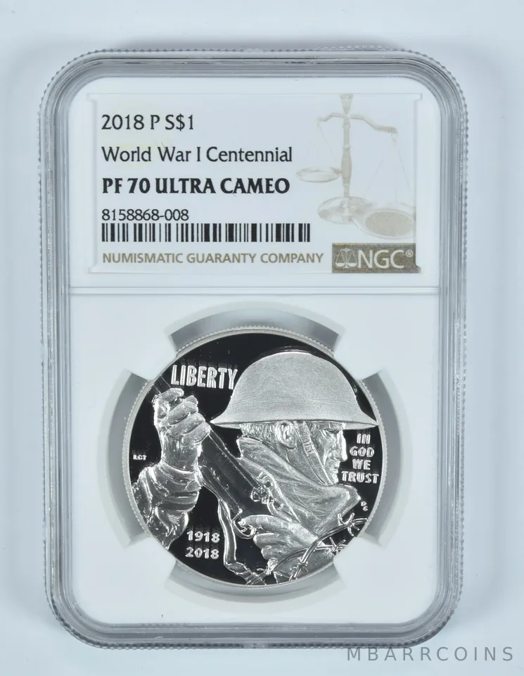 2018-P World War I Centennial Commemorative Silver Dollar PF70 UCAM NGC
