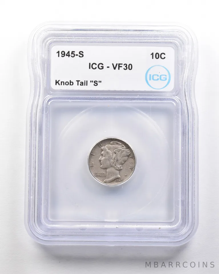 1945-S Mercury Dime Mint Error Knob Tail "S" VF30 ICG *1675