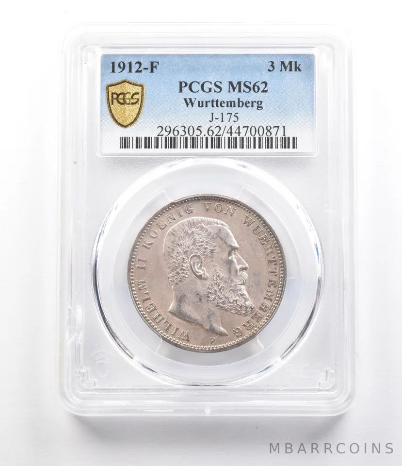1912 F Wurttemberg 3 Marks J-175 MS62 PCGS *2638