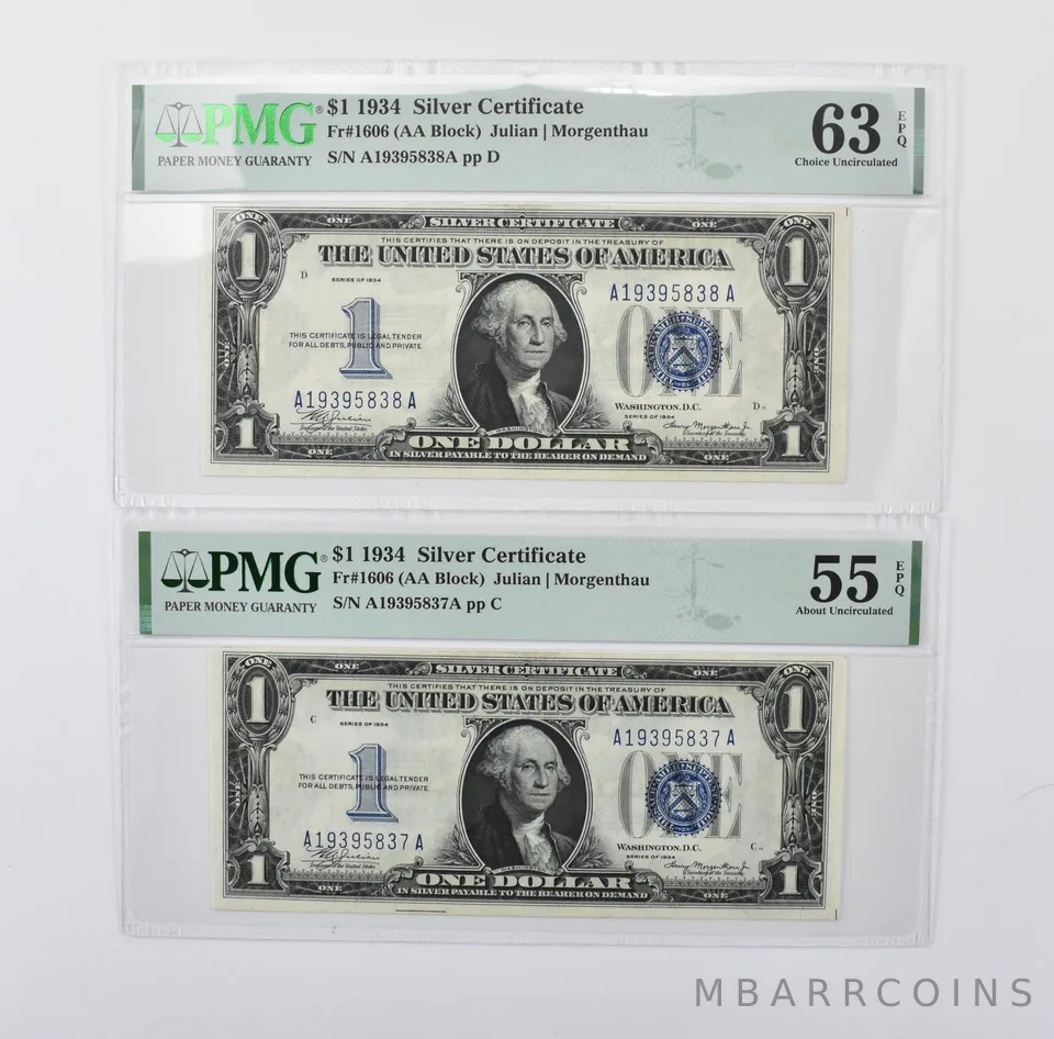 (2) 1934 $1 Silver Certificate Fr#1606 AU 55/CU 63 EPQ PMG Consecutive a7034