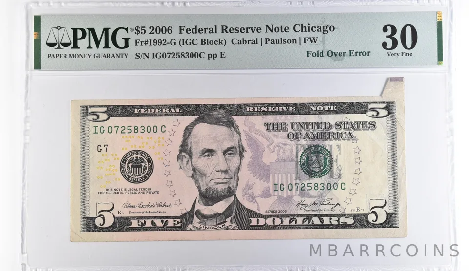 2006 $5 Chicago IL FRN Fold Over Error Fr#1992-G VF 30 PMG *9518