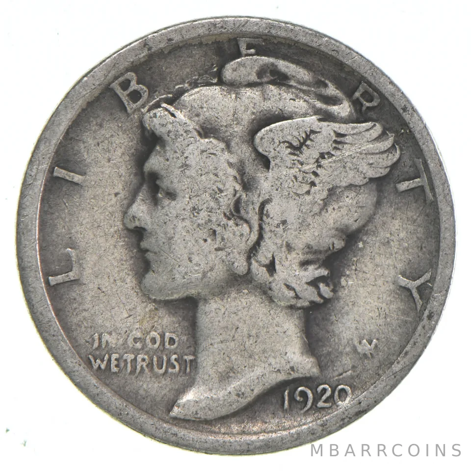 VG+ 1920 Mercury 90% Silver Dime