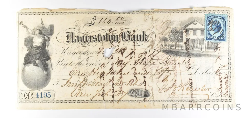 1870s Hagerstown Bank MD Check $150 *8531