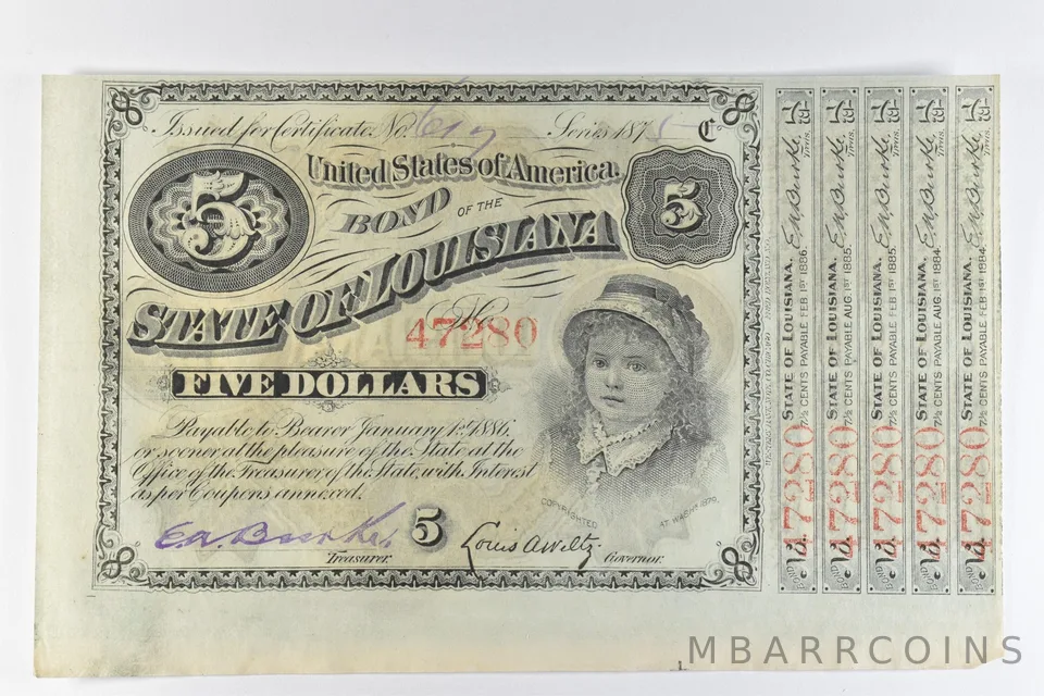1870s Louisiana 5 Dollar Bond Obsolete Note *8215
