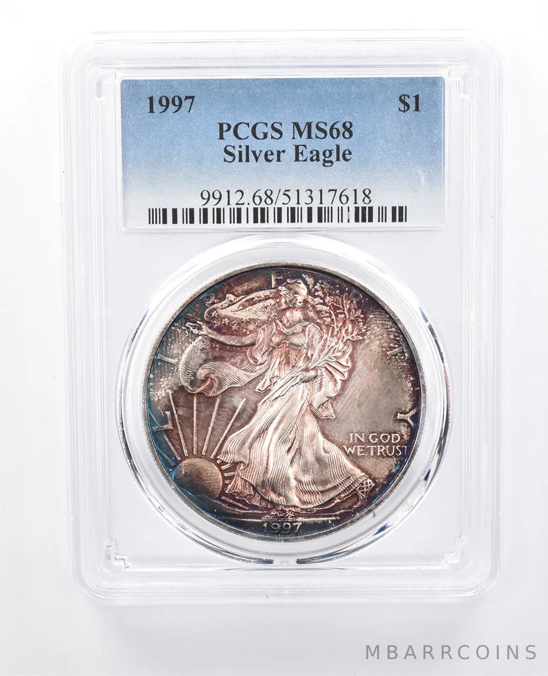 1997 American Silver Eagle MS68 PCGS Blue/Purple Tone *8194