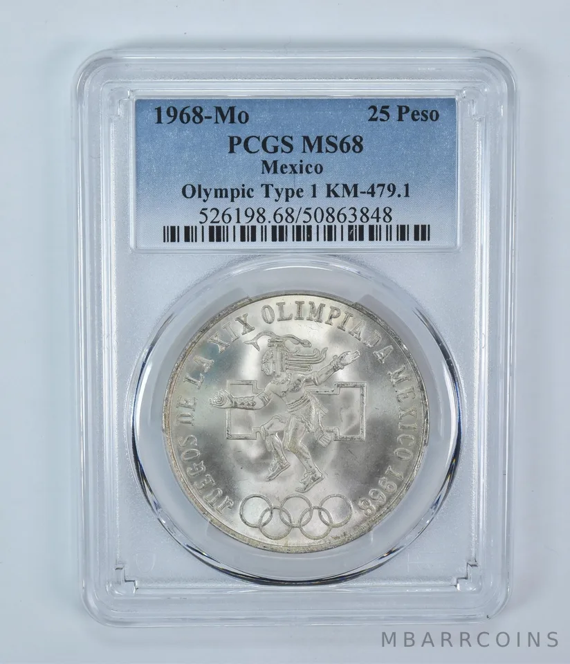 1968 Mo Mexico 25 Pesos Olympic Type 1 MS68 PCGS Blue Label