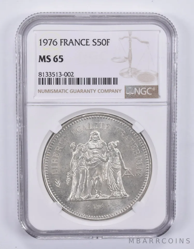 1976 France 50 Francs Silver MS65 NGC Brown Label