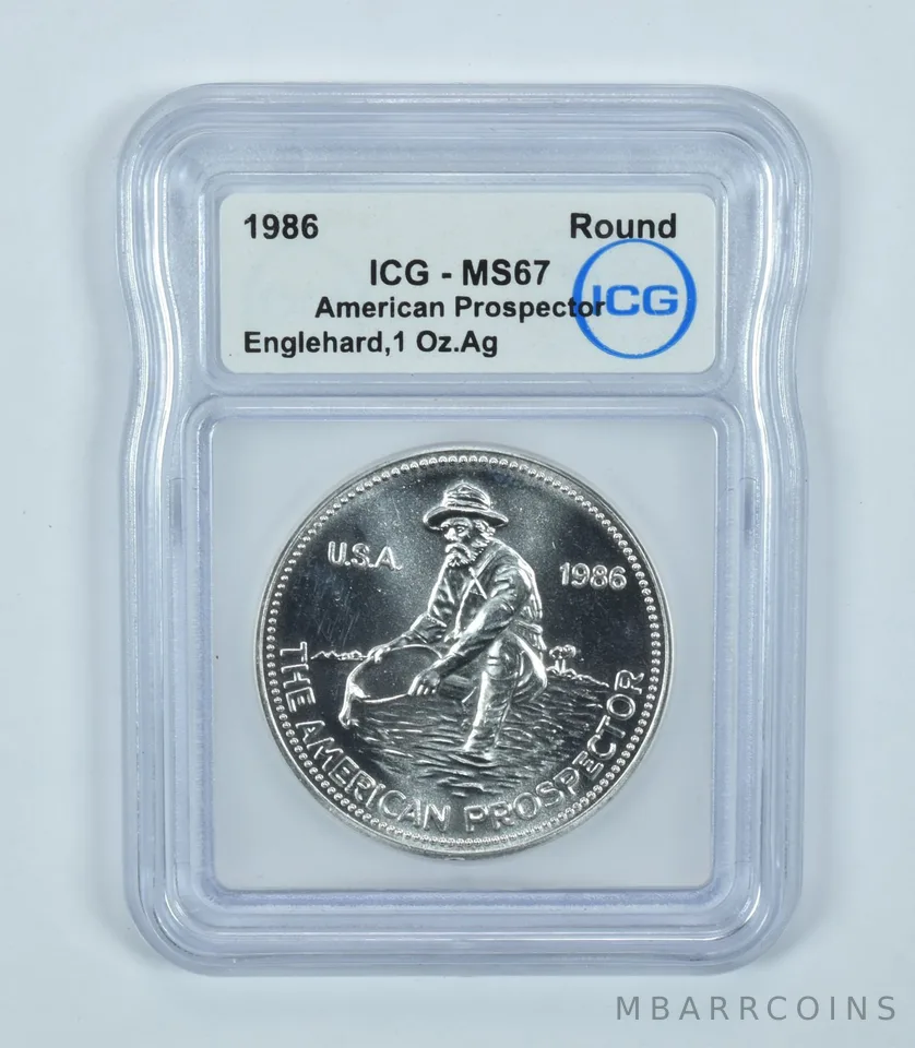 1986 Engelhard American Prospector 1 Troy Oz Silver Round MS67 ICG