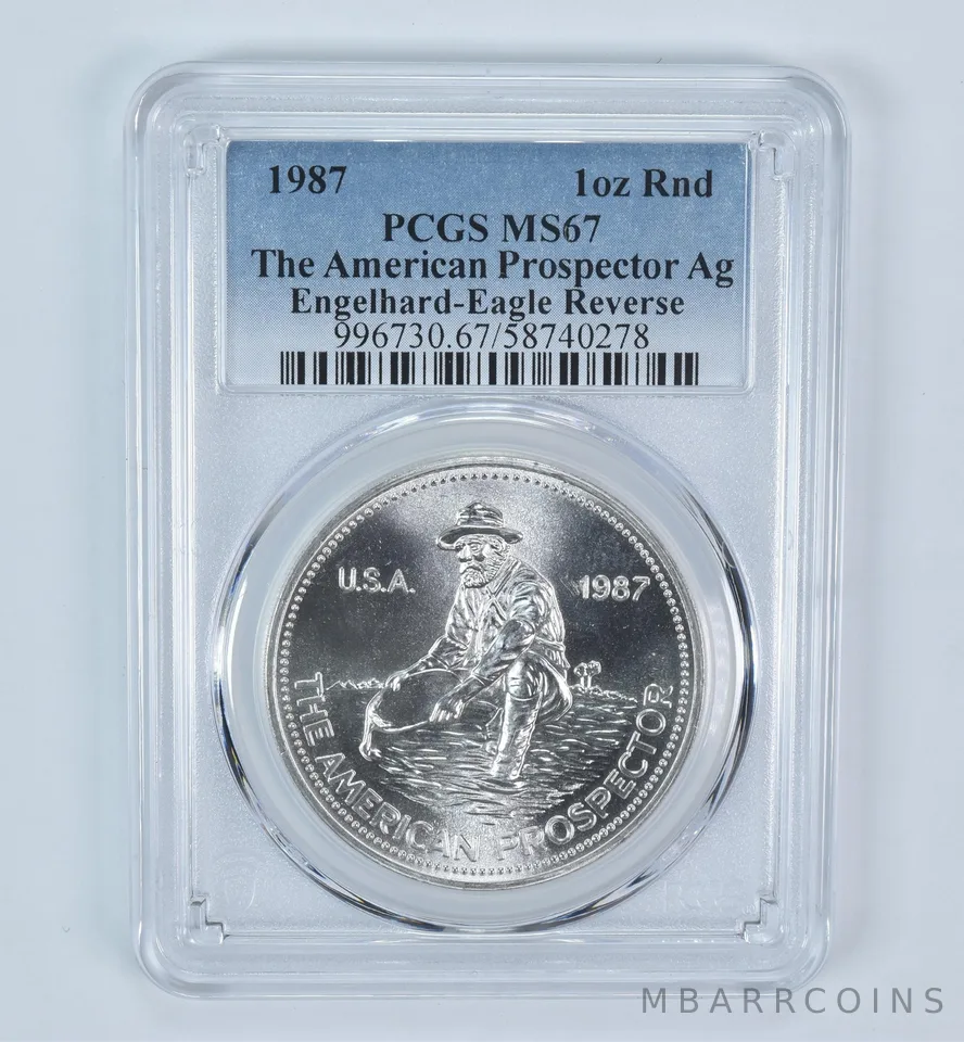 1987 Engelhard Prospector 1 Oz Silver Round Eagle Reverse MS67 PCGS