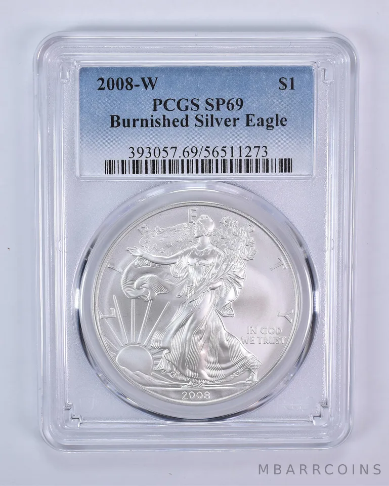 2008-W Burnished Silver Eagle SP69 PCGS Blue Label