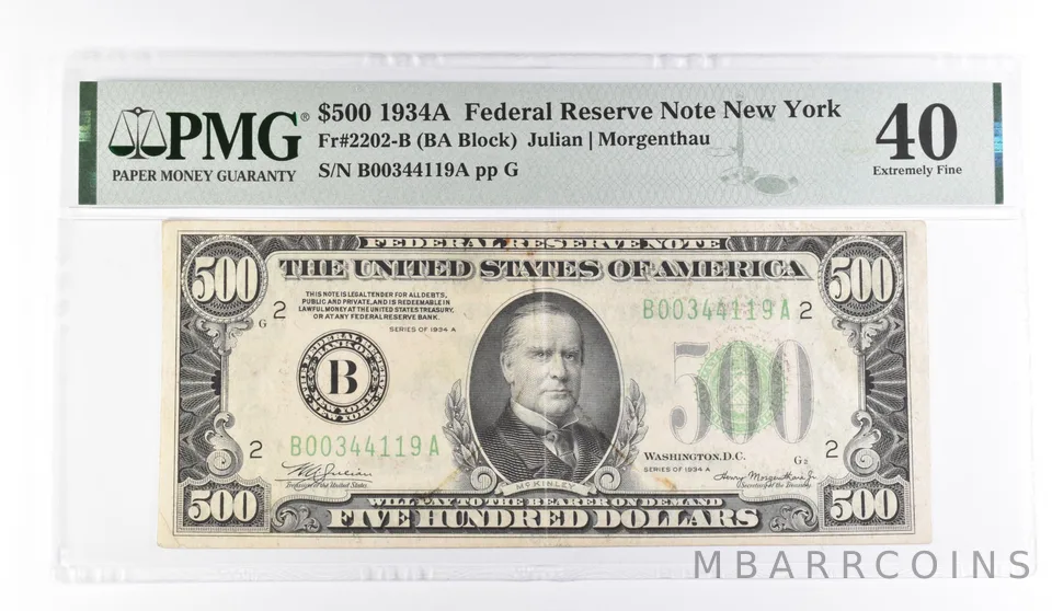 PMG 40 EF $500 1934-A FRN New York Fr#2202-B *4084