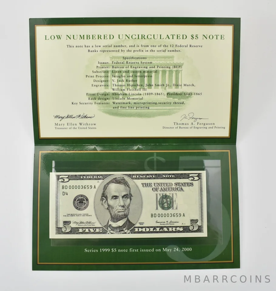 1999 $5 FRN D Bank Low Serial Number BEP a0387