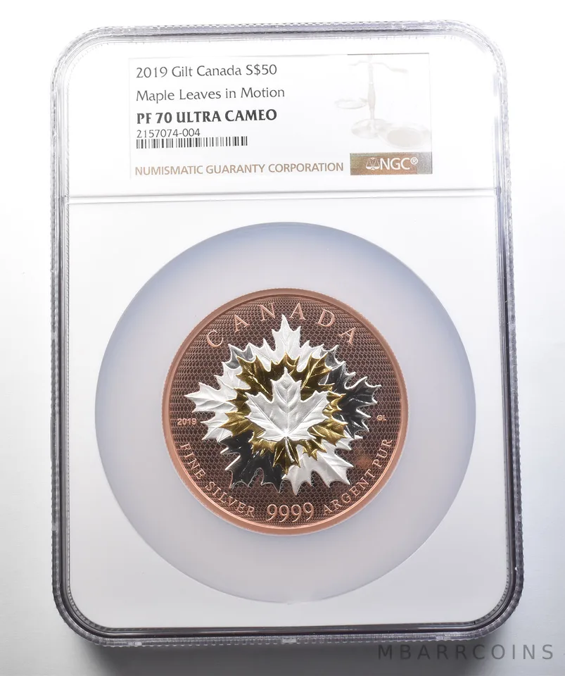 2019 Canada 50 Dollars Gilt Silver Maple Leaves In Motion PF70 UCAM NGC a4416
