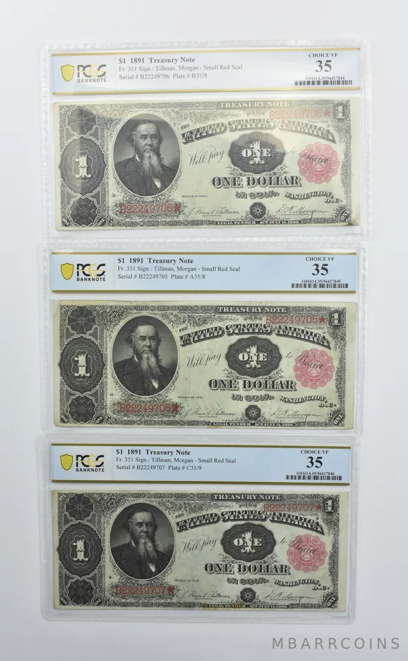 Lot (3) 1891 $1 Treasury Note Fr#351 Choice VF 35 PCGS Consecutive *4229
