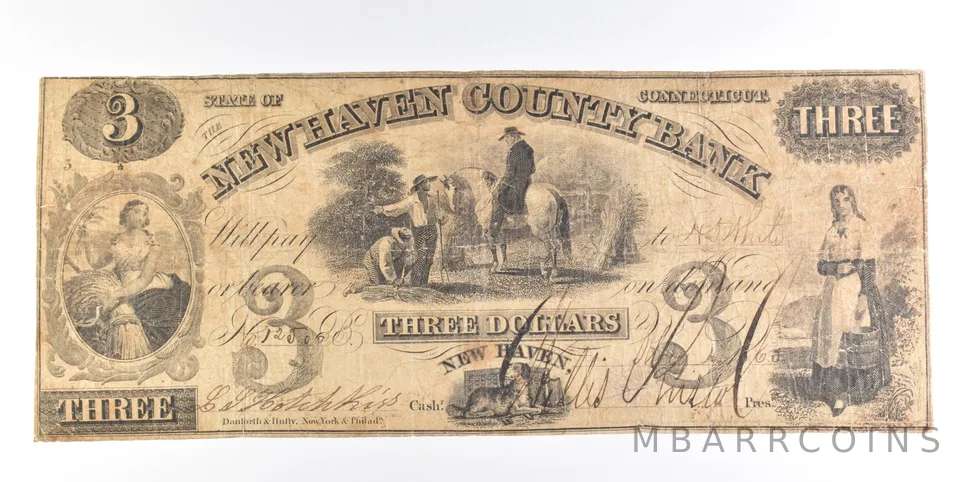 1860 $3 New Haven CT County Bank Obsolete Note *0229
