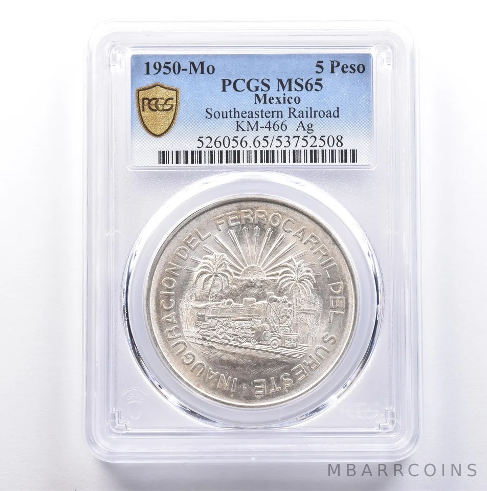1950 Mo Mexico 5 Pesos Silver Southeastern Railroad KM-466 MS65 PCGS *9044
