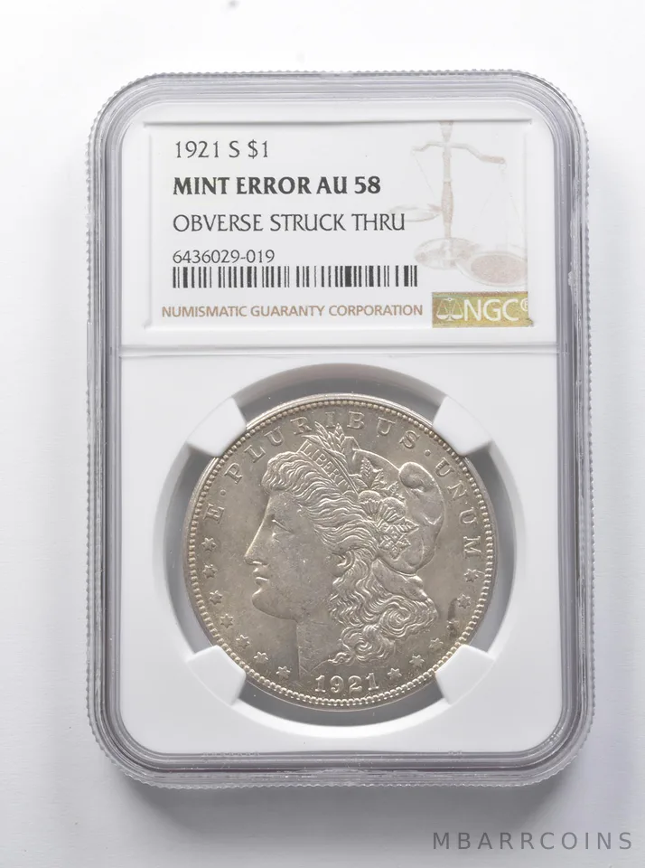 Error AU58 1921-S Morgan Silver Dollar OBV Struck Thru NGC *7925