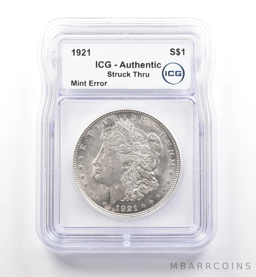 1921 Morgan Silver Dollar Mint Error Struck Thru Authentic ICG *7521