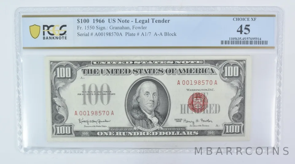 1966 $100 Legal Tender Fr#1550 Choice XF 45 PCGS a5972