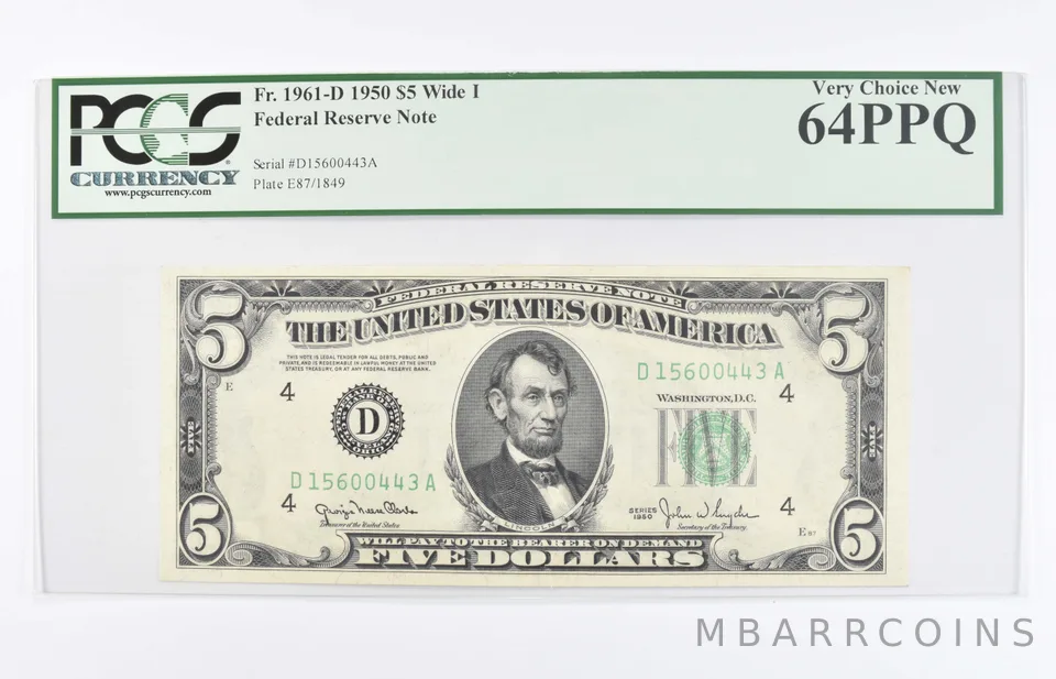 1950 $5 US Federal Reserve Note FR#1961-D PCGS 64 PPQ Very Choice New *8070