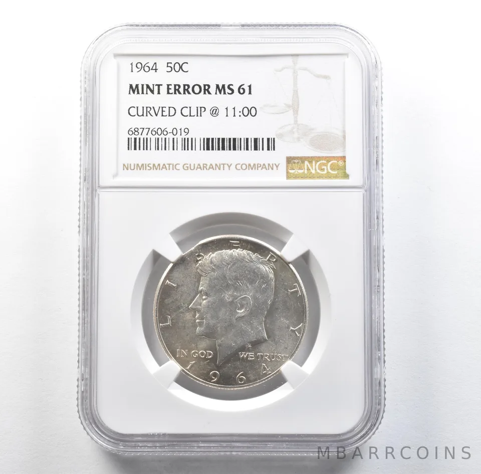 1964 Kennedy Half Dollar Mint Error Curved Clip @ 11:00 MS61 NGC *3115