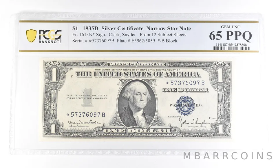 $1 1935 D Silver Certificate Narrow Star Note Fr#1613N* Unc 65 PPQ PCGS a4020