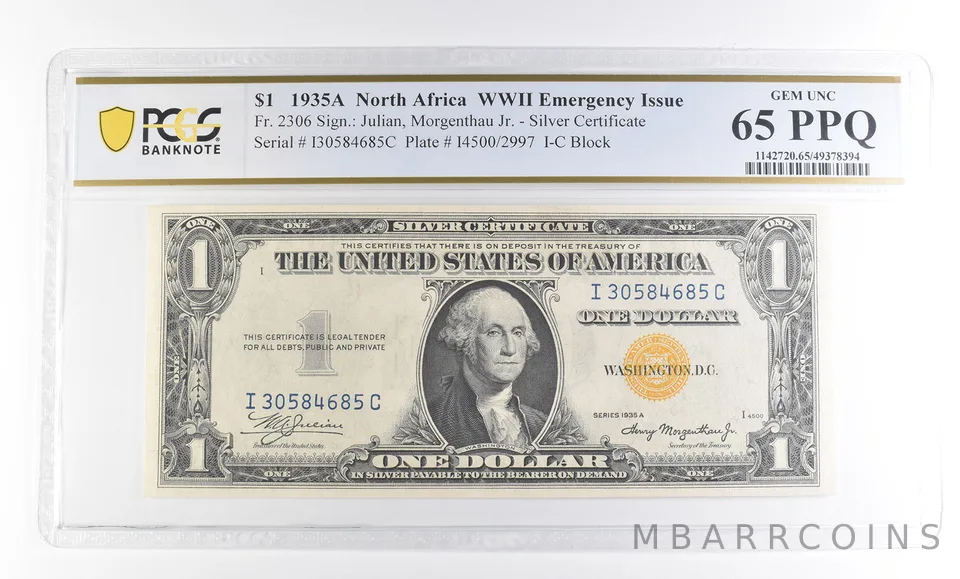 1935 A $1 N. Africa Silver Certificate WWII Fr#2306 Gem Unc 65 PPQ PCGS a2454