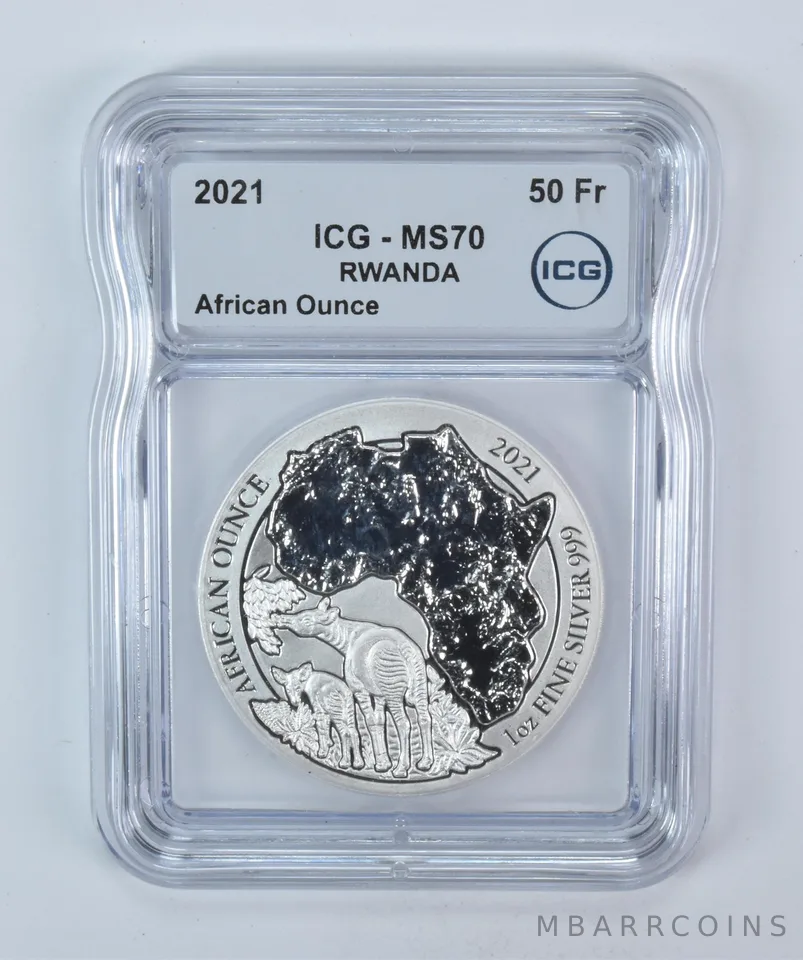 2021 Rwanda 50 Francs Silver African Ounce 1 Oz MS70 ICG *5820