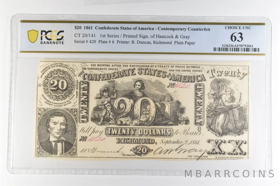 1861 $20 Confederate States Of America CT 20/141 Choice Unc 63 PCGS a4386